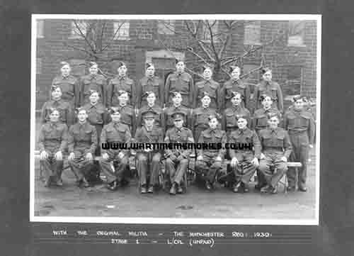 Lance Corporal JW Heslam 101th September 1939 with Manchester Regt platoon. He is on the left end of the middle row.